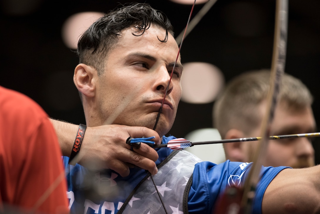 Air Force Staff Sgt. Vincent Cavazos competes in archery during the 2017 Department of Defense Warrior Games in Chicago, July 3, 2017. DoD photo by Roger L. Wollenberg