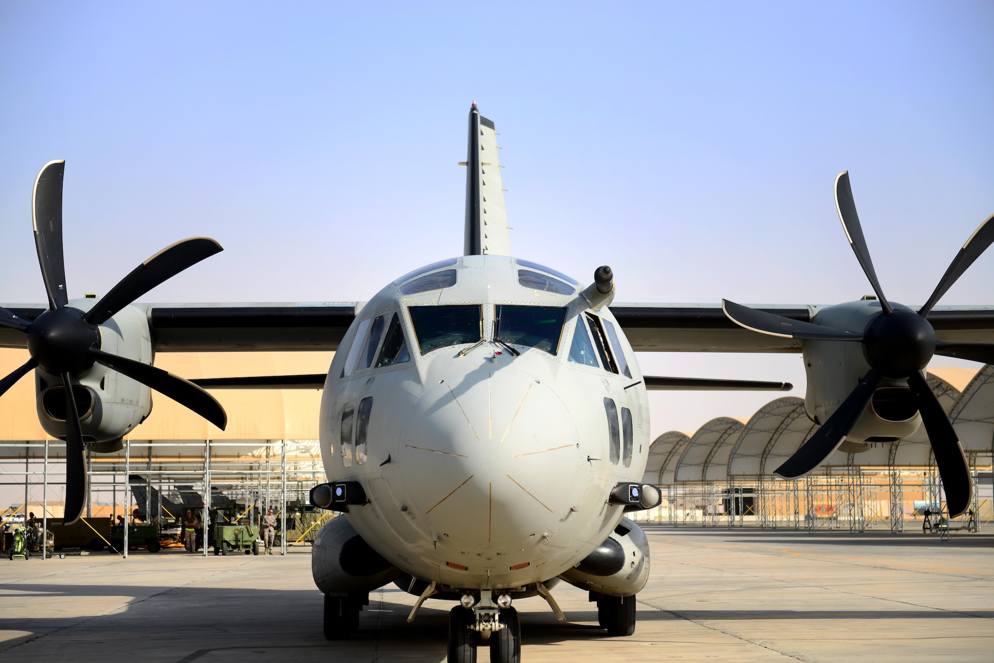 An Italian Air Force (ITAF) C-27 aircraft comes to a halt after landing during a simulated in-flight emergency in Southwest Asia on July 2, 2017. The 407th Air Expeditionary Group fire department responded to the call of a distressed aircraft and assisted in the removal of injured crew members during the simulated in-flight emergency scenario. 407th AEG fire department are first responders to any and all incidents dealing with U.S. and coalition aircraft. (U.S. Air Force photo by Tech Sgt. Andy M. Kin)