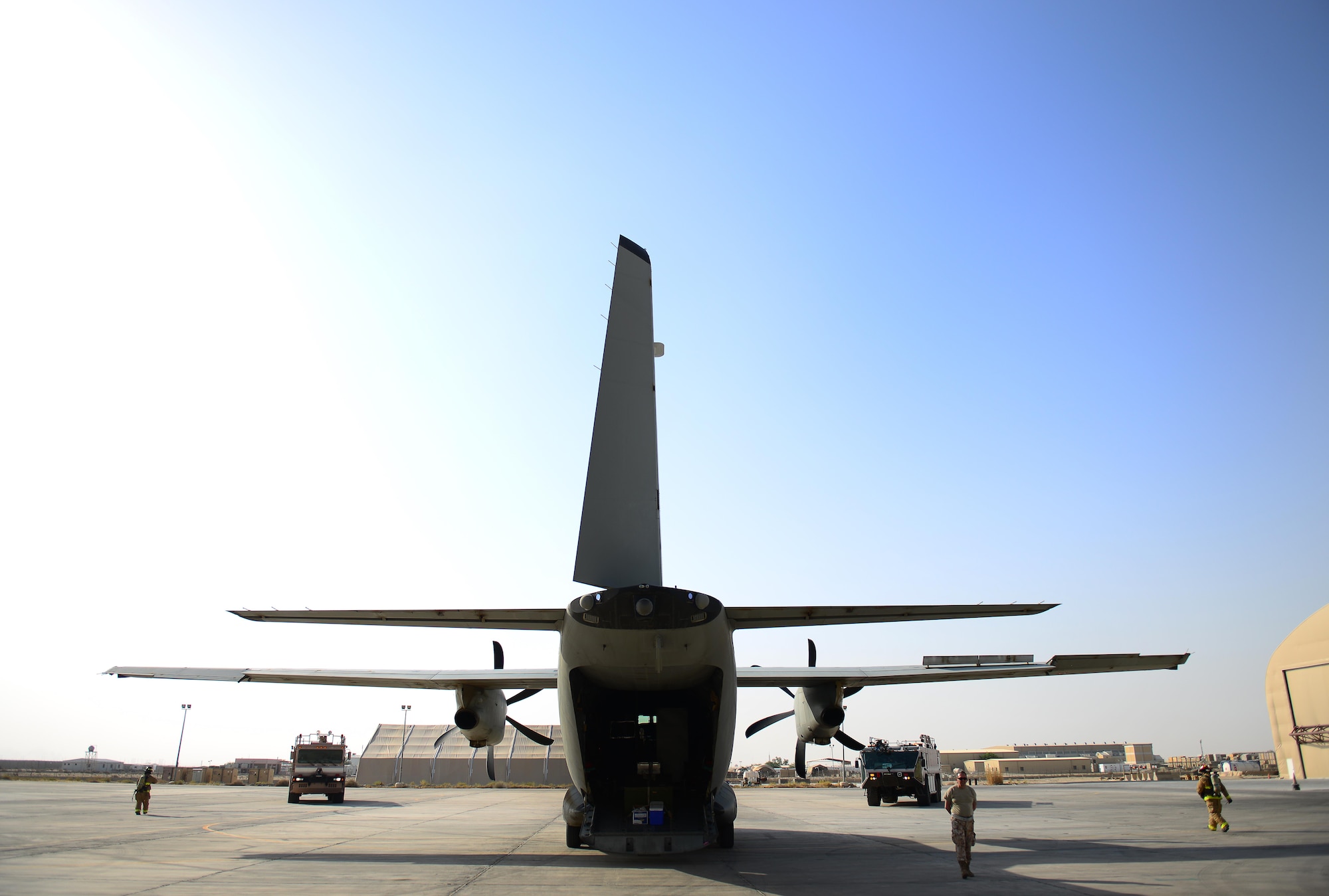 An Italian Air Force (ITAF) C-27 aircraft comes to a halt after landing during a simulated in-flight emergency in Southwest Asia on July 2, 2017. The 407th Air Expeditionary Group fire department responded to the call of a distressed aircraft and assisted in the removal of injured crew members during the simulated in-flight emergency scenario. 407th AEG fire department are first responders to any and all incidents dealing with U.S. and coalition aircraft. (U.S. Air Force photo by Tech Sgt. Andy M. Kin)