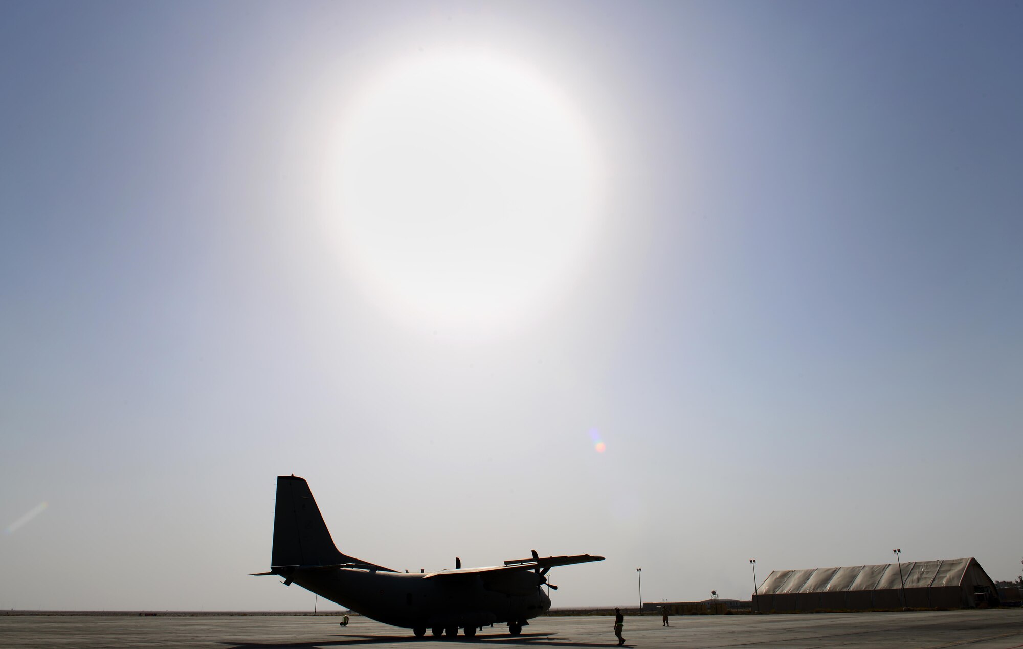 An Italian Air Force (ITAF) C-27 aircraft comes to a halt after landing during a simulated in-flight emergency in Southwest Asia on July 2, 2017. The 407th Air Expeditionary Group fire department responded to the call of a distressed aircraft and assisted in the removal of injured crew members during the simulated in-flight emergency scenario. 407th AEG fire department are first responders to any and all incidents dealing with U.S. and coalition aircraft. (U.S. Air Force photo by Tech Sgt. Andy M. Kin)