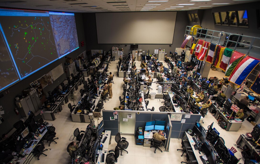 Combined Air Operations Center (CAOC) at Al Udeid Air Base, Qatar, provides command and control of air power throughout Iraq, Syria, Afghanistan, and other nations in the U.S. Air Forces Central Command region. The CAOC comprises joint and Coalition teams that execute day-to-day combined air and space operations and provide rapid reaction, positive control, coordination, and de-confliction of weapon systems. (U.S. Air Force photo by Staff Sgt. Alexander W. Riedel)