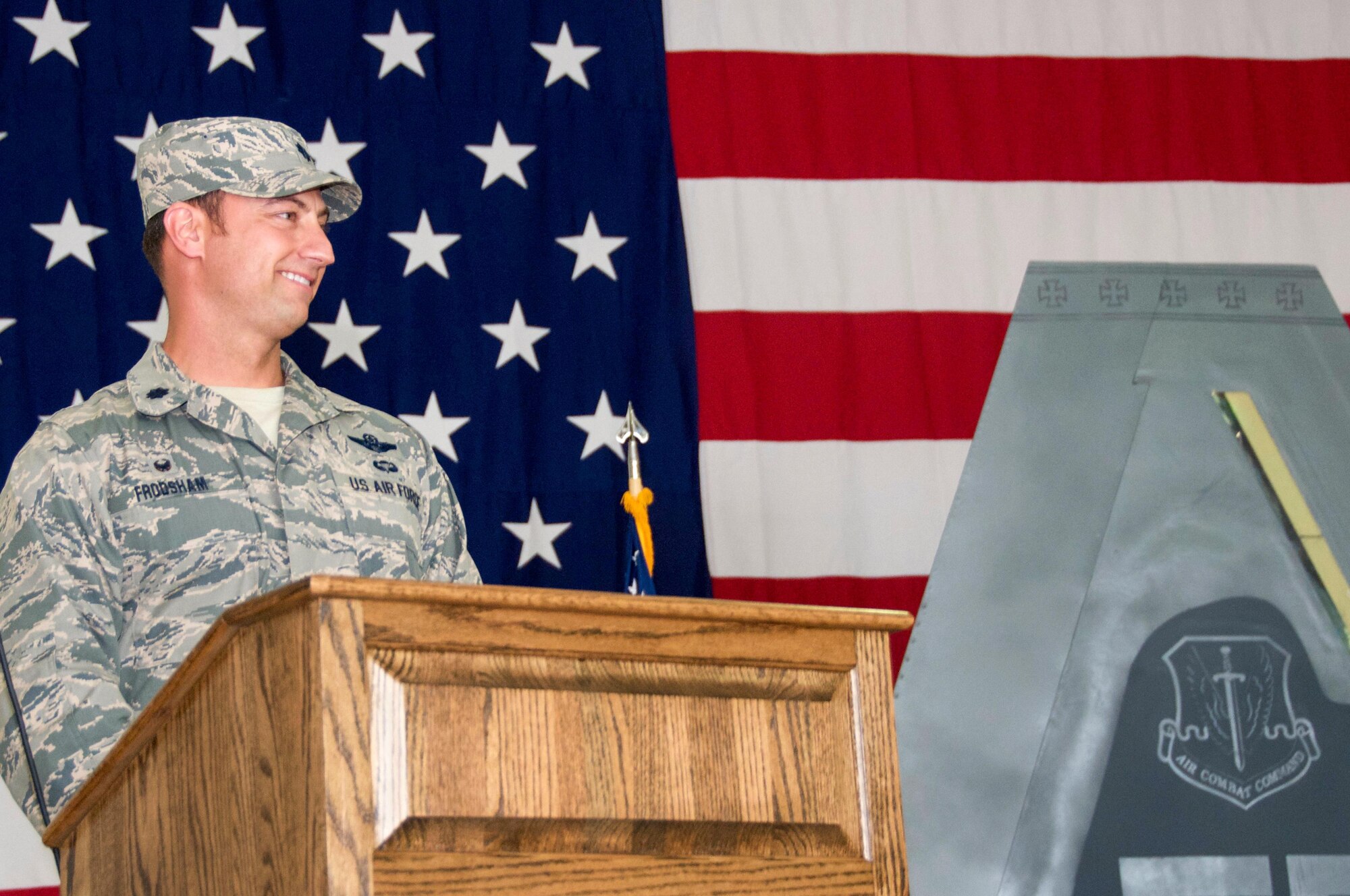 During his assumption of command speech, Lt. Col. Steven A. Frodsham, newly appointed 192nd Maintenance Squadron commander, acknowledges his wife, family, friends and Airmen for their support and dedication that helped get him to where he is today at Joint Base Langley-Eustis, Virginia, May 21, 2017. (U.S. Air National Guard photo by Senior Airman Kellyann Novak)
	
