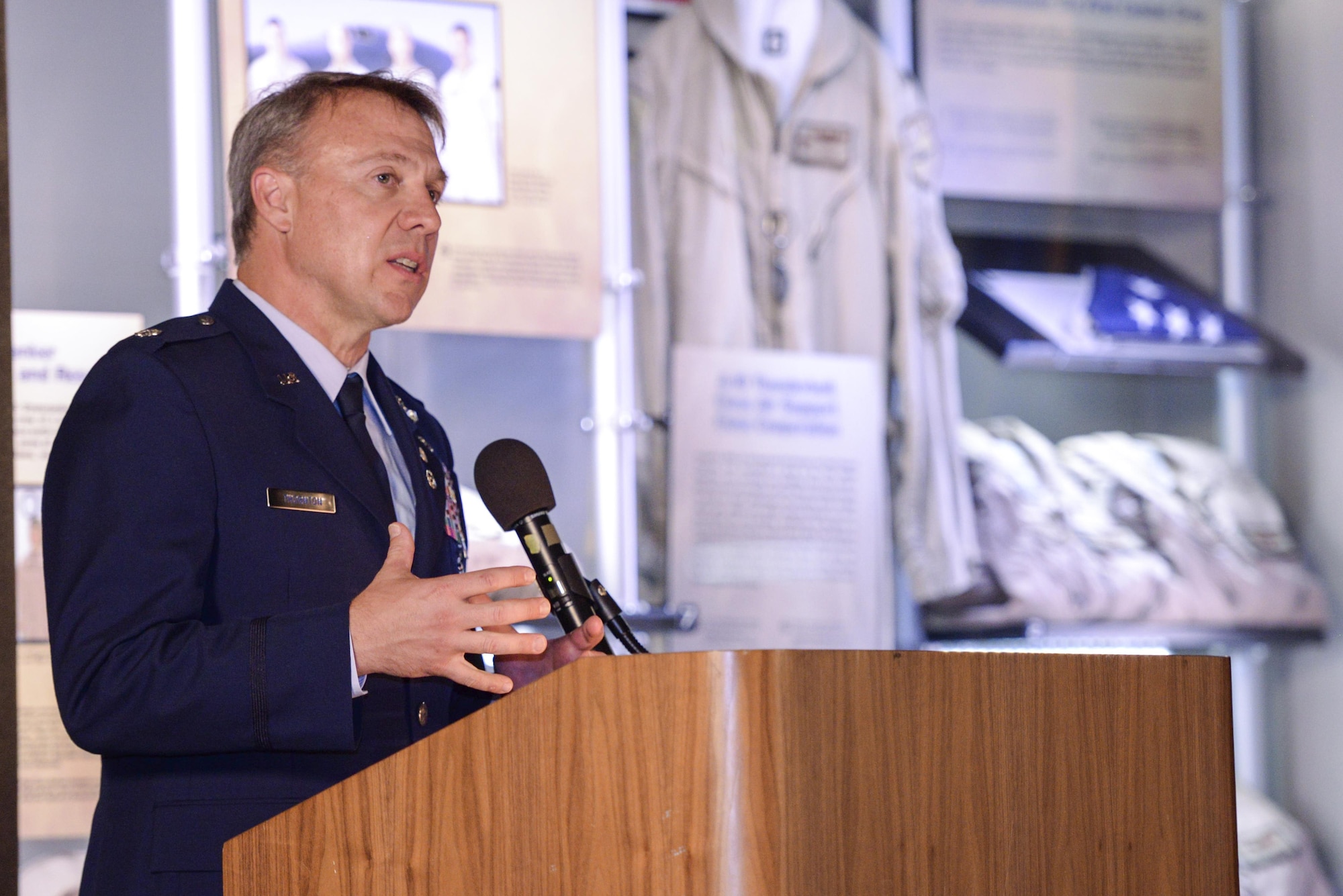 Retired U.S. Air Force Lt. Col. Gregory Thornton provides remarks after receiving the Silver Star medal during a ceremony at the National Museum of the United States Air Force in Dayton, Ohio, June 30, 2017. Thornton received the Silver Star for his actions on April 6, 2003 while supporting ‘Advance 33,’ the call sign for a ground forward air controller attached to Task Force 2nd Battalion, 69th Armor, during combat operations in Iraq. The Silver Star is the third-highest combat decoration for gallantry in action that can be awarded to a member of the United States Armed Forces. (U.S. Air Force photo by Wesley Farnsworth) 