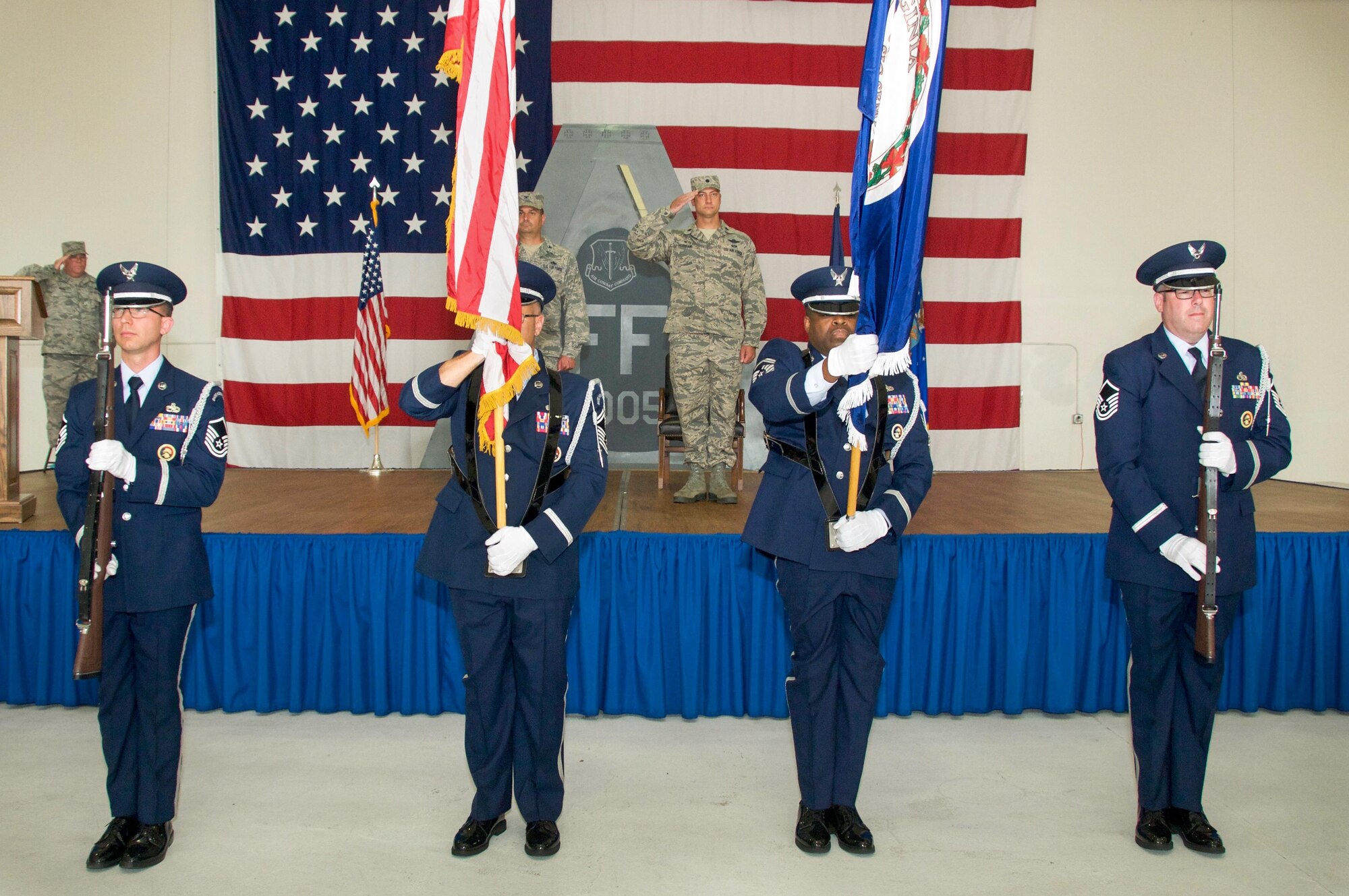 Members of the 192nd Fighter Wing honor guard present the colors at the start of the assumption of command ceremony for the 192nd Maintenance Squadron at Joint Base Langley-Eustis, Virginia, May 21, 2017. (U.S. Air National Guard photo by Senior Airman Kellyann Novak)