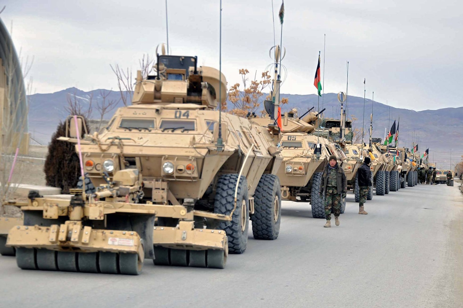 Afghanistan National Army Soldiers from 203rd “Thunder” Corps based out of FOB Thunder in Gardez, Afghanistan assemble for convoy-route clearance operations May 25 in Tagab district of Ghazni province. (Afghanistan National Army photo provided by 203rd Corps PAO.)