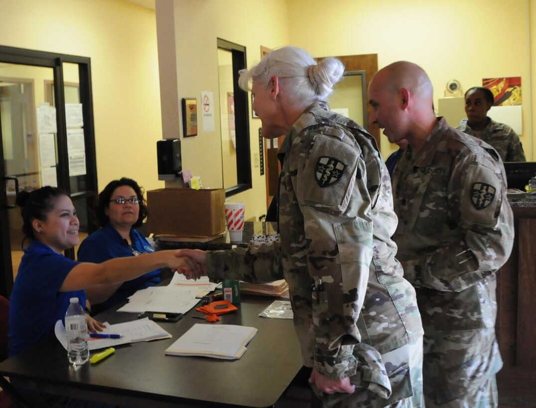 Maj. Gen. Mary Link, commanding general for Army Reserve Medical Command, greets personnel working onsite at Fred and Anita Bruni Community Center  from Gateway Health to receive patient data required for follow-on care and enrollment into their system. Approximately 125 U.S. Army Reserve Soldiers are working in partnership with the Texas A&M Colonias program to provide medical care to Webb County’s under-served Colonias population. Services provided by Army Reserve personnel are done through the Department of Defense’s Innovative Readiness Training, a civil-military program that builds mutually beneficial partnerships between U.S. communities and the DoD. The missions selected meet training & readiness requirements for Army Reserve service members while integrating them as a joint and whole-of-society team to serve our American citizens.