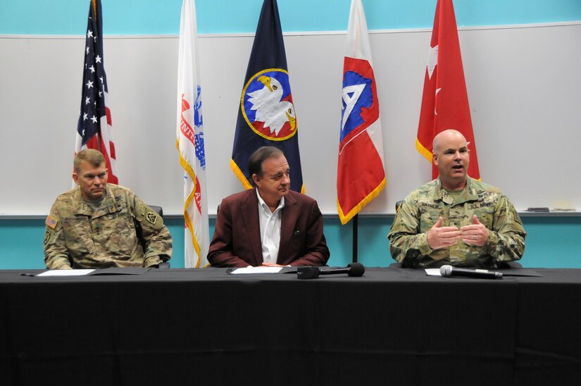 Lt. Gen. Jeffrey Buchanan, commanding general for U.S. Army North; joins Mr. John Sharp, chancellor for Texas A&M University; and Brig. Gen. John Hashem, Army Reserve Engagement Cell director and deputy commanding general - support at U.S. Army North; to sign a partnership agreement between The Texas A&M University System, U.S. Army Reserve Command and U.S. Army North to facilitate future collaborations using existing resources to provide mutually beneficial opportunities.  The partnership signing event evolved from relationships built when Webb County, the U.S. Army Reserve and the U.S. Navy worked in partnership with Texas A&M University to provide various services to the local community within Webb County from June 19 - 29, 2017.  
Services provided by military personnel are done as part of the Department of Defense’s Innovative Readiness Training, a civil-military program that builds mutually beneficial partnerships between U.S. communities and the DoD to meet training & readiness requirements for Active, Guard and Reserve service members while addressing public and civil society needs.