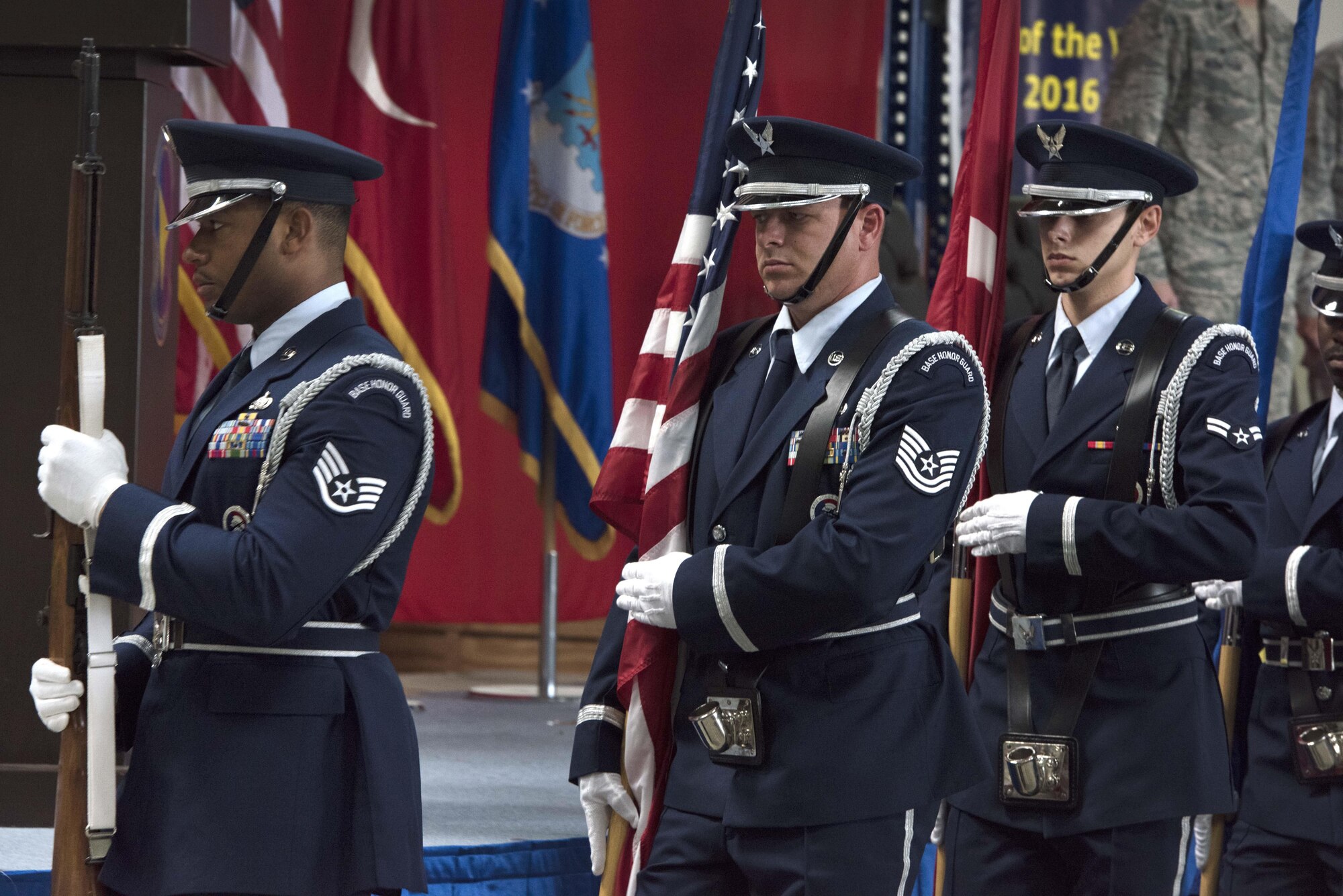 The Incirlik Air Base Honor Guard participates in the 39th Logistics Readiness Squadron change of command June 29, 2017, at Incirlik Air Base, Turkey. Lt. Col. Phillip Wheeler, 39th Logistics Readiness Squadron outgoing commander, relinquished command to Maj. Matthew Shaw, incoming 39th LRS commander. (U.S. Air Force photo by Airman 1st Class Kristan Campbell)