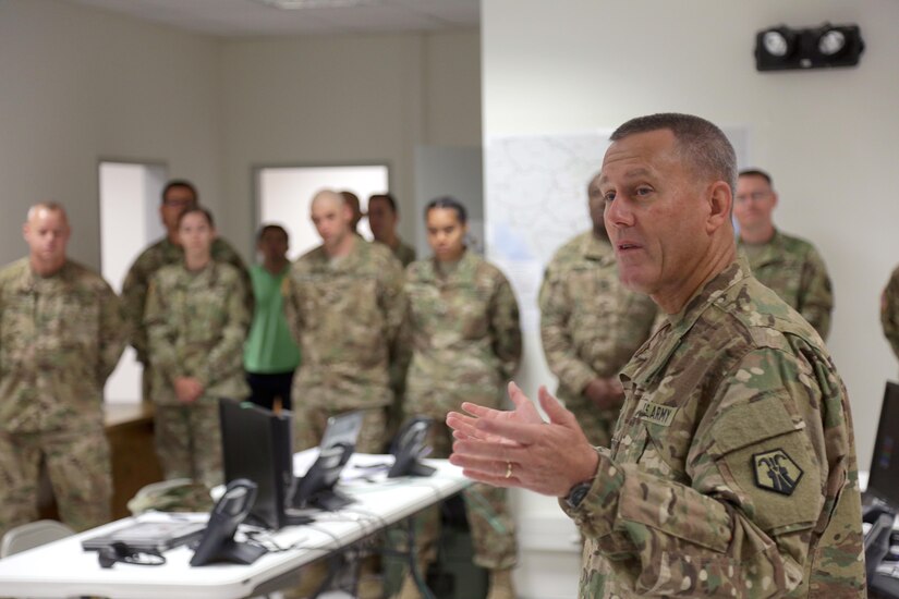 Brig. Gen. Steven Ainsworth, 7th Mission Support Command commanding general and 21st Theater Sustainment Command deputy commanding general, addresses Soldiers in the command post, Monday July 3, 2017, at Novo Selo Training Area during a promotion ceremony for Col. Timothy Sumovich and Staff Sgt. Mark Medina. The 7th MSC recently set up the command post in support of Saber Guardian 17. (U.S. Army Photo by Sgt. 1st Class John Freese)