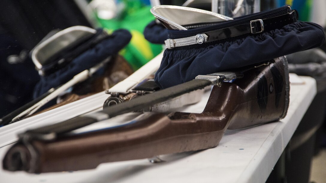 An M1 rifle lays on a dressing room table at Sea World in San Diego, Ca., June 27, 2017. The weapon belongs to the U.S. Air Force Honor Guard Drill Team, a personification of the integrity, discipline, teamwork and professionalism of every Airman and every Air Force mission. (U.S. Air Force photo by Senior Airman Jordyn Fetter)