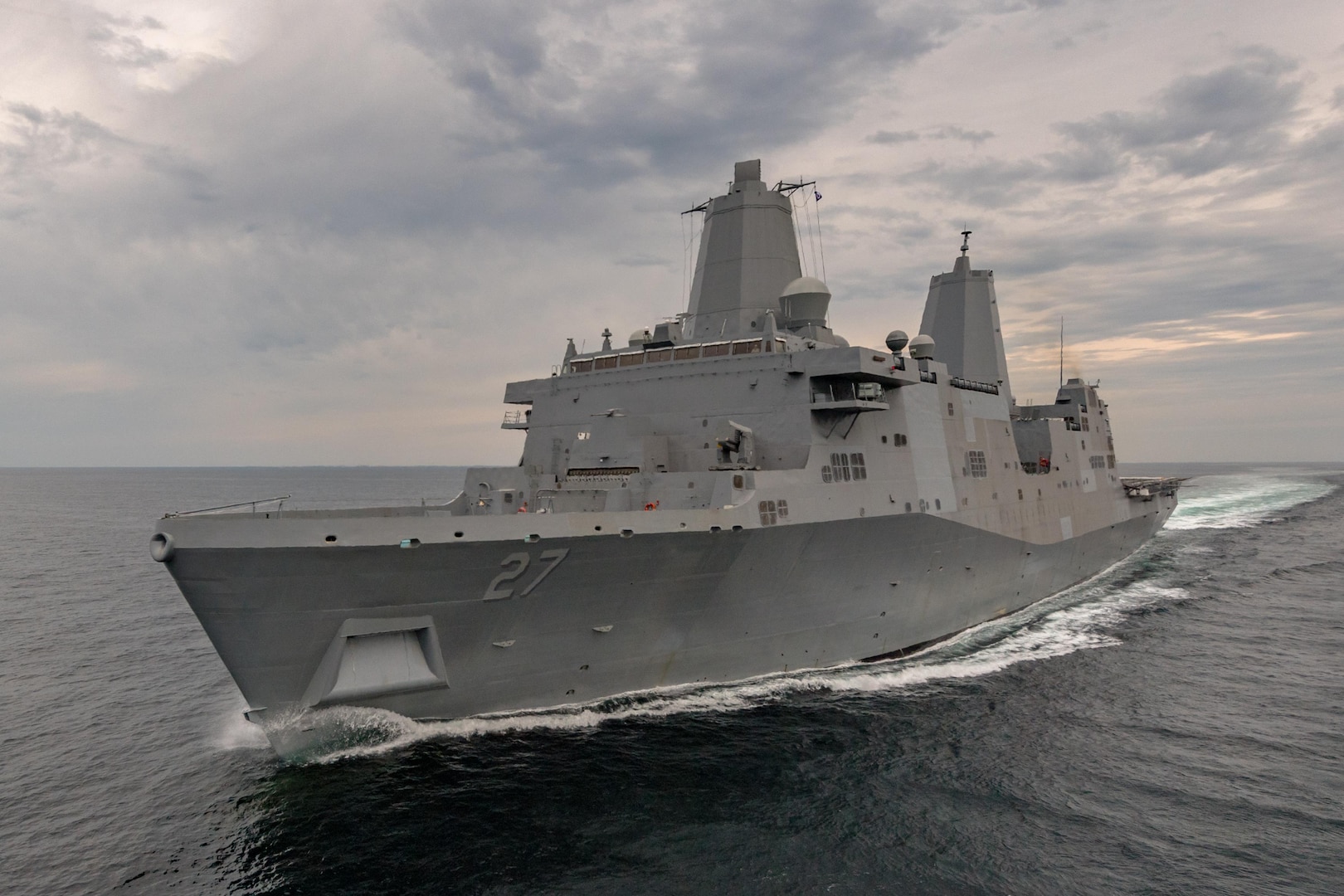 The amphibious transport dock ship USS Portland (LPD 27) conducts its first set of sea trials in the Gulf of Mexico. Ingalls' test and trials team spent four days operating the 11th San Antonio-class ship and demonstrating its systems. 