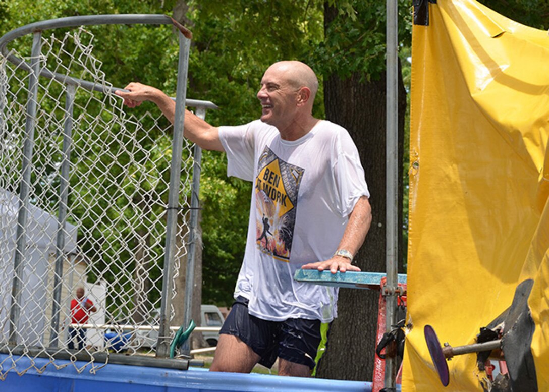 The Civilian Welfare Fund sponsored a dunk tank fundraiser at the Bellwood Bash event held May 18, 2017. Defense Logistics Agency Aviation’s Deputy Commander Charlie Lilli did his part by volunteering to get dunked. All funds raised are deposited into an CWF managed account, then returned to the workforce in the form of morale building activities. 
