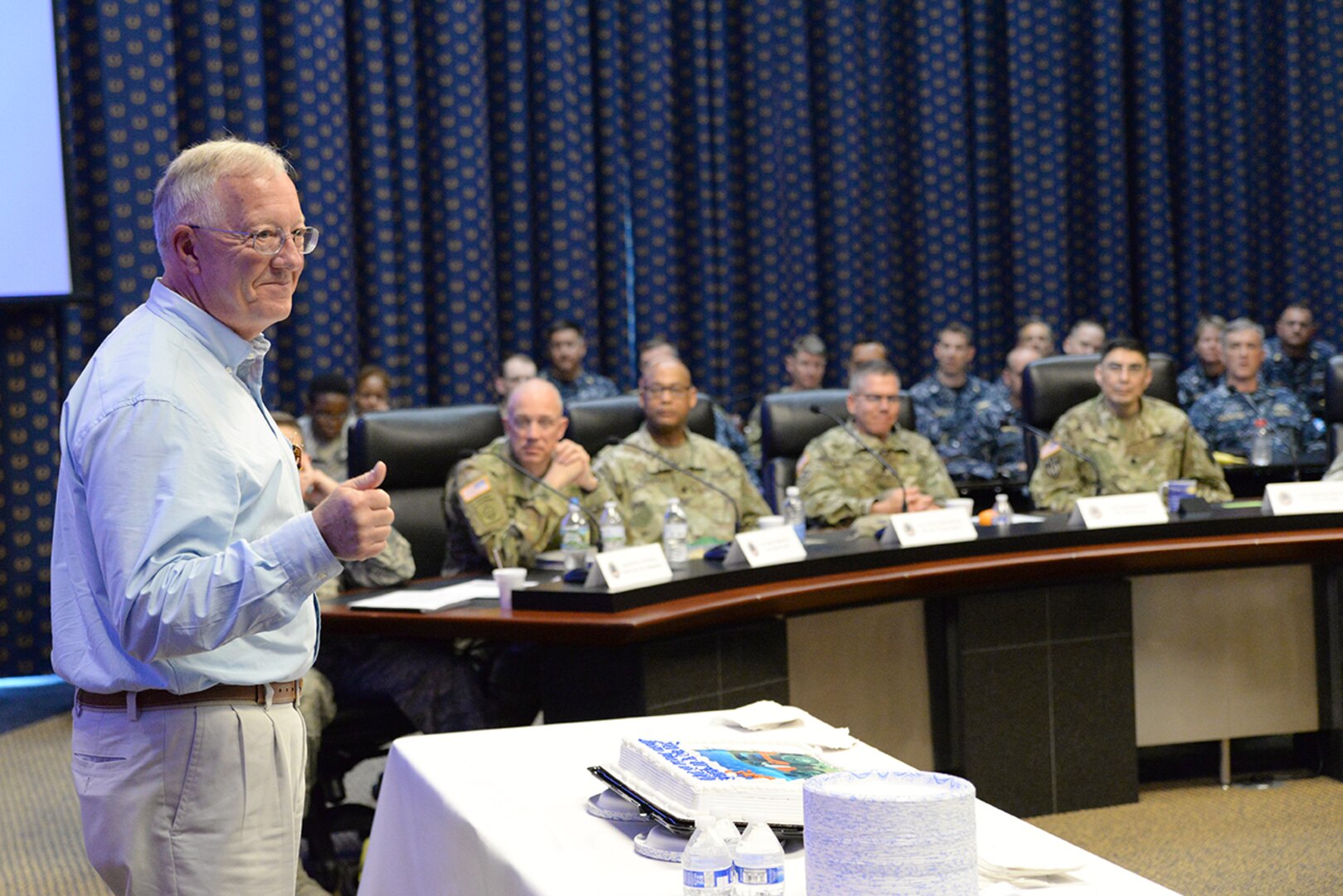 DLA Joint Reserve Force Deputy Director Robert McCullough speaks to attendees during the Combined Drill Weekend event June 10 at the McNamara Headquarters Complex, Fort Belvoir, Va. McCullough retired June 30 after 19 years of dedicated service to the organization. 