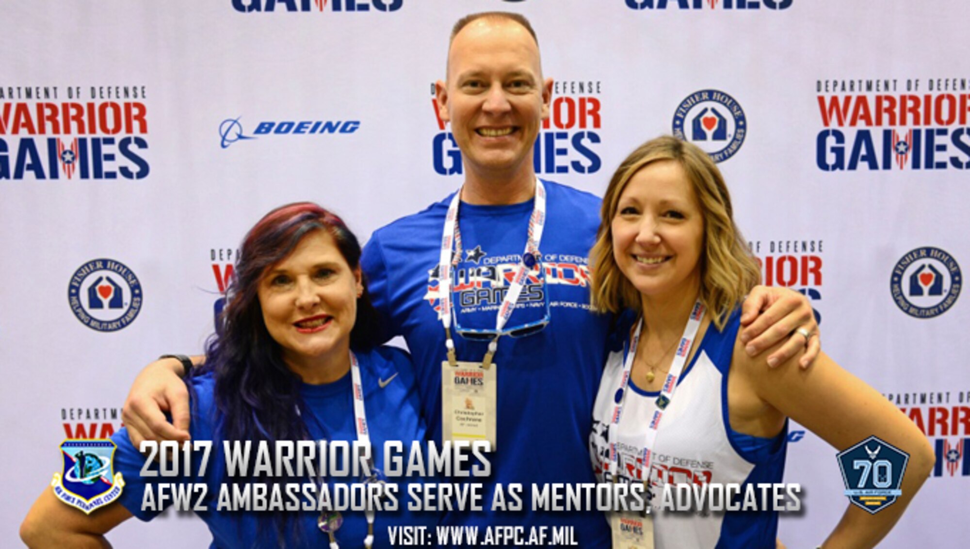 U.S. Air Force veteran Lee Kuxhaus, a former Air Force diagnostic radiologist officer, U.S. Air Force veteran Chris Cochrane, a former intelligence officer, and his wife Ashley Cochrane pose together at the 2017 Department of Defense Warrior Games July 3, 2017 at McCormick Place-Lakeside Center, Chicago, Ill. Lee and Chris are athlete ambassadors, while Ashley is a caregiver ambassador for this year’s games. (U.S. Air Force photo by Staff Sgt. Alexx Pons)