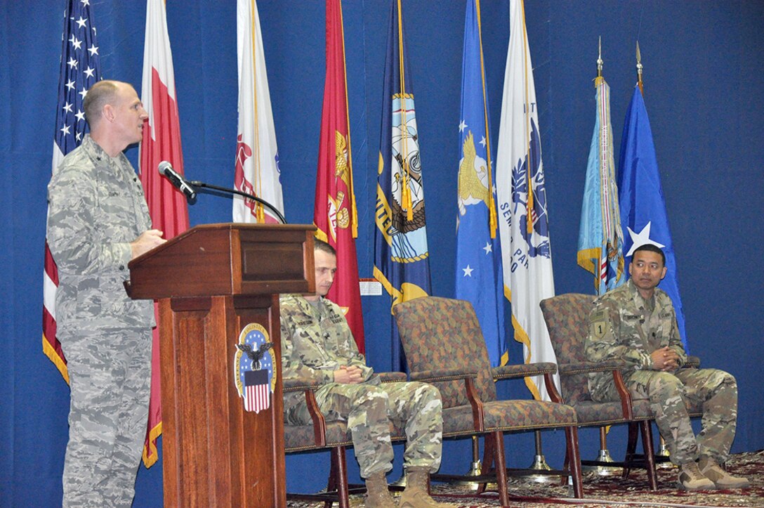 DLA Energy Commander Air Force Brig. Gen. Martin Chapin presides over DLA Middle East’s change of command ceremony at Naval Support Activity Bahrain June 27. Chapin honored the efforts of outgoing commander, Army Col. Marc Thoreson, and provided encouragement and welcoming words to the new commander, Army Lt. Col. Henry Brown.
