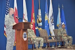 DLA Energy Commander Air Force Brig. Gen. Martin Chapin presides over DLA Middle East’s change of command ceremony at Naval Support Activity Bahrain June 27. Chapin honored the efforts of outgoing commander, Army Col. Marc Thoreson, and provided encouragement and welcoming words to the new commander, Army Lt. Col. Henry Brown.