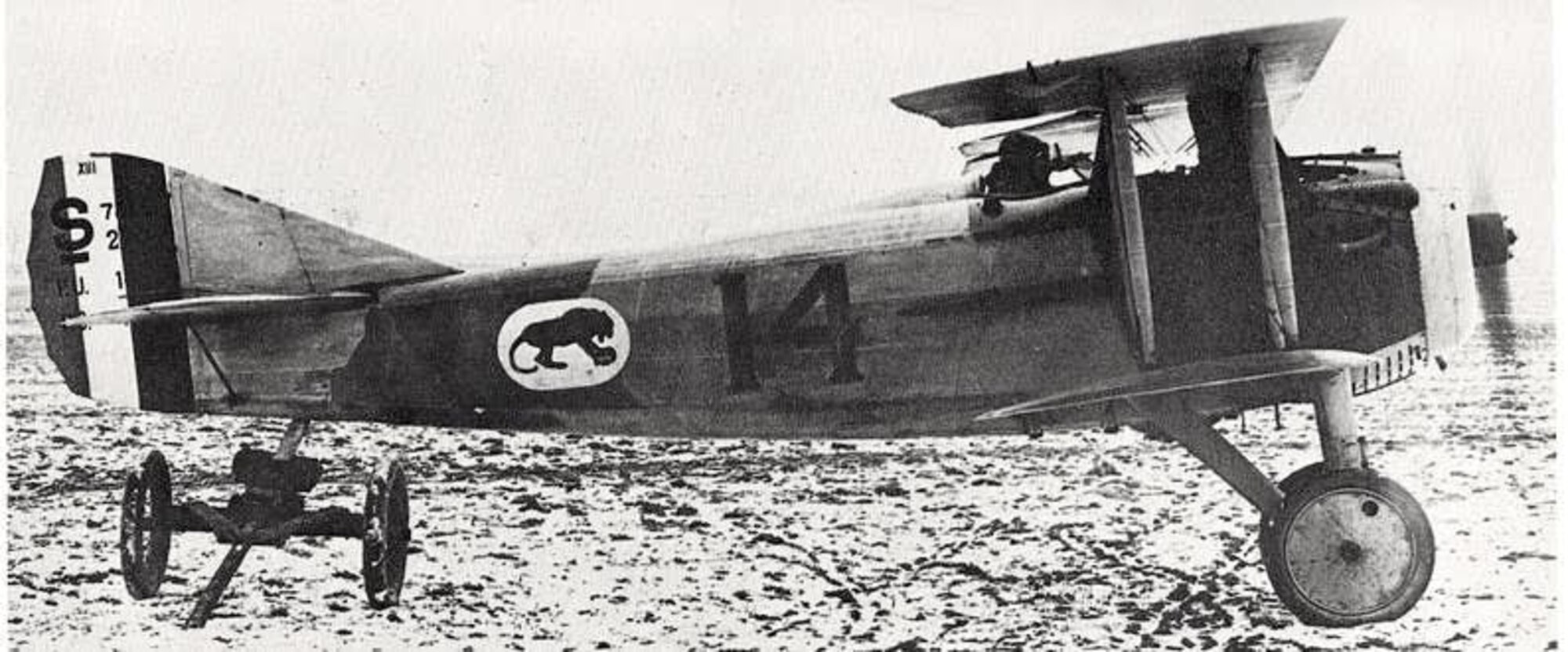 HOPD- A SPAD XIII of the 141st Aero Squadron shows the prowling tiger emblem adorning the fuselage side; it also had orange and black stripes (not visible), all to honor Princeton graduate Hobey Baker. (108th Wing provides access to this public domain photo available from theaerodrome.com)