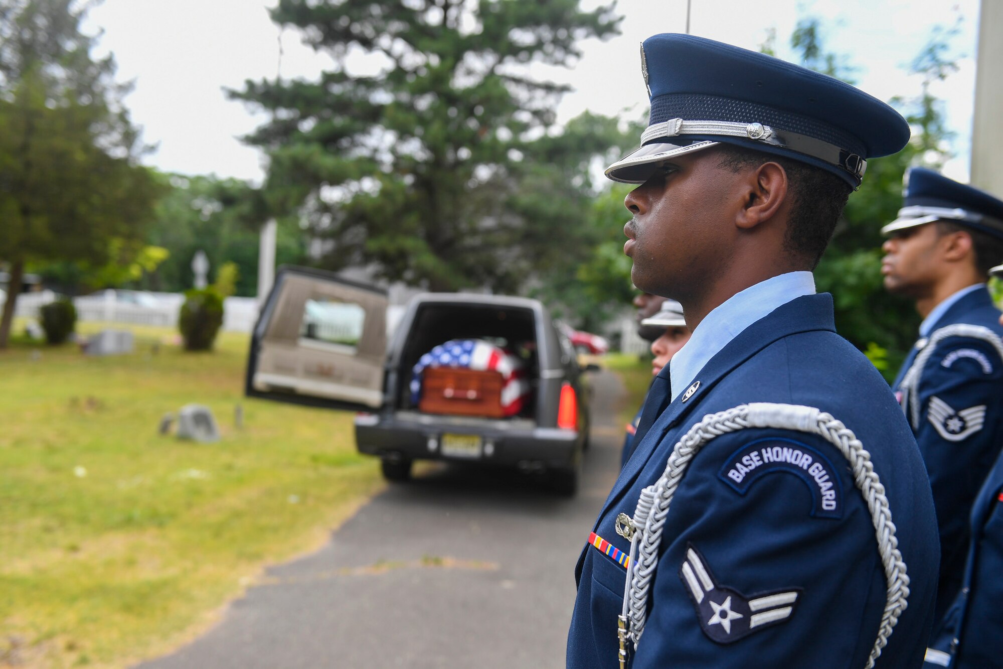 Joint Base McGuire-Dix-Lakehurst honor guard perform ceremony at the funeral of George Watson Sr. in Lakewood, New Jersey, July 1, 2017. Community members joined the Joint Base in celebrating the life of the Tuskegee Airman, he was 96 years old.