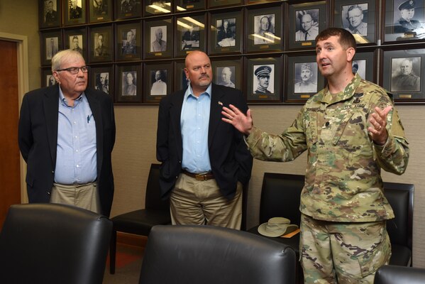 Lt. Col. Stephen Murphy, Nashville District commander, welcomes Tony Sloan and Tom Allen, managing members of Marina at Rowena, LLC, to sign the lease agreement for Lake Cumberland's Marina at Rowena during a signing ceremony July 5, 2017 at the district headquarters in the Estes Kefauver Federal Building at Nashville, Tenn.