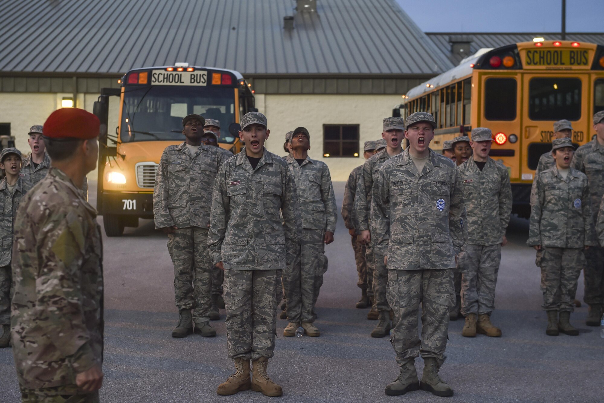 Junior ROTC cadets sound off in formation during Summer Leadership School at Hurlburt Field, Fla., June 27, 2017. Special Tactics Airmen partnered with more than 50 cadets from five local high schools for a week-long Summer Leadership Course to learn about leadership, teamwork, and self-confidence. (U.S. Air Force photo by Senior Airman Ryan Conroy)