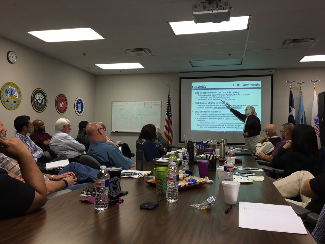 Michael Best, a quality engineer in the Technical Directorate, provided an update in April on the Supplier Risk System to Defense Contract Management Agency employees from the Central Region. (DCMA photo by Troy Guerra)