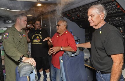 Staff Sgt. Eric Ganley, 68th Airlift Squadron engineer, takes questions form veterans from  Camino Real Community Services as they tour a C-5M Super Galaxy aircraft June 30, 2017 at Joint Base San Antonio-Lackland, Texas. CRCS is a Veteran informed agency that provides "peer to peer" outreach and support to veterans and their families. (U.S. Air Force photo by Benjamin Faske)