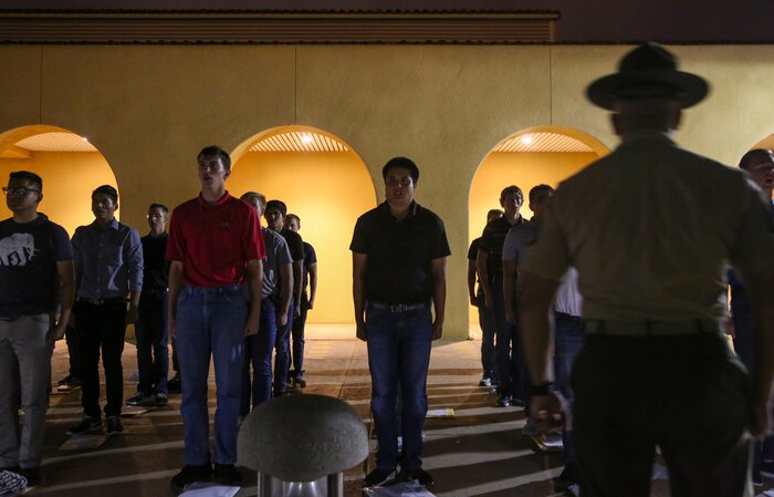 Staff Sgt. Christopher J. Burgess, chief drill instructor, Receiving Company, welcomes the recruits of Kilo Company, 3rd Recruit Training Battalion, to Marine Corps Recruit Depot San Diego, May 22. Recruits are instructed to stand at the position of attention when they talk to any Marine, Sailor or civilian during training. Annually, more than 17,000 males recruited from the Western Recruiting Region are trained at MCRD San Diego. Kilo Company is scheduled to graduate Aug. 18.
