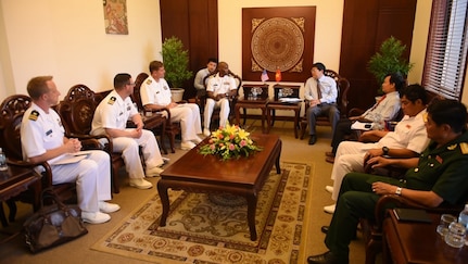 U.S. sailors from Destroyer Squadron 7 and the littoral combat ship USS Coronado (LCS 4) meet with members of the Khanh Hoa People's Committee during Naval Engagement Activity (NEA) Vietnam, July 5,  2017.  The engagement provides an opportunity for Sailors from the U.S. and Vietnam People's Navy to interact and share knowledge to enhance mutual capabilities and strengthen solid partnerships. 
