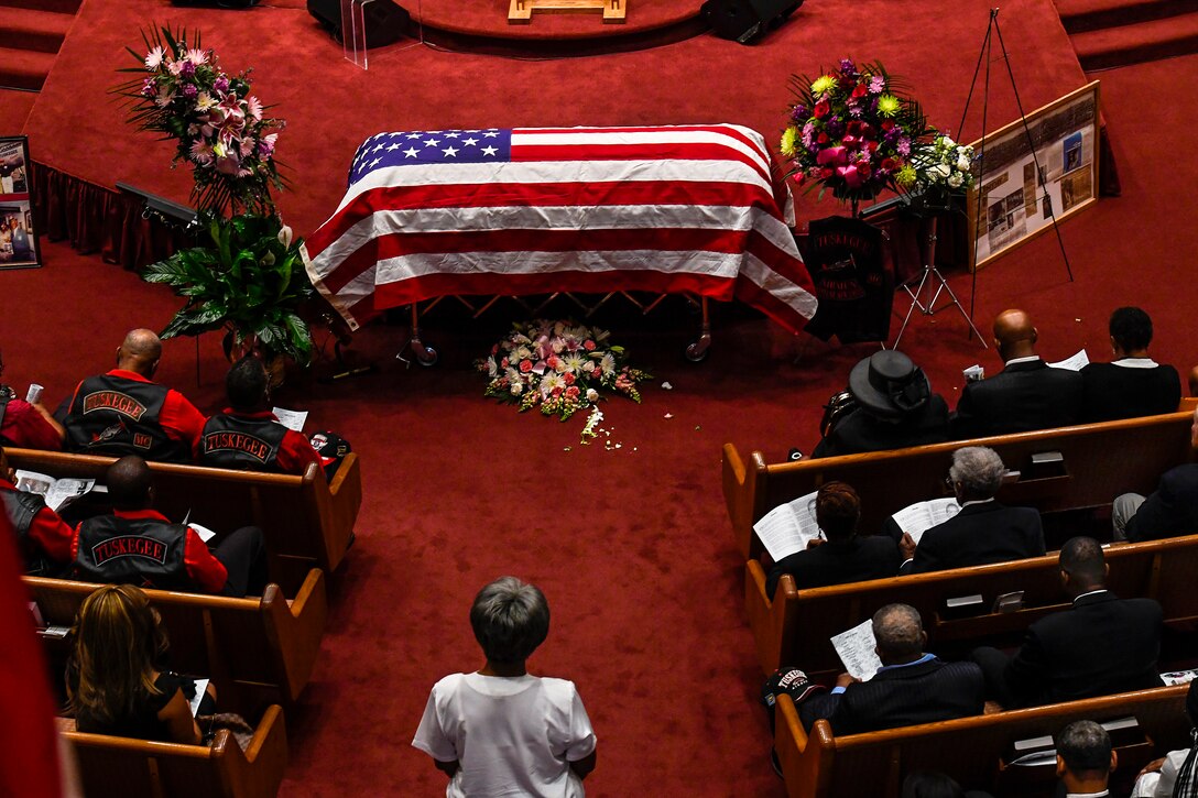 Family, friends and community members attend the funeral of George Watson Sr., a Tuskegee Airman who served in the Air Force for 26 years, at Calvary Lighthouse Church in Lakewood, N.J., July 1, 2017. Airman 1st Class Zachary Martyn