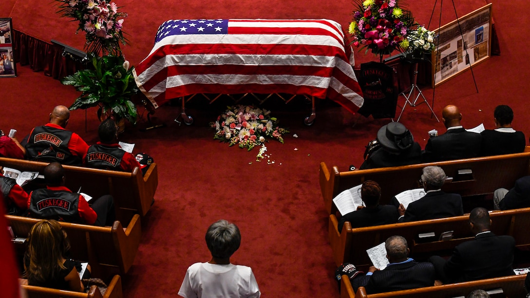 Family, friends and community members attend the funeral of George Watson Sr., a Tuskegee Airman who served in the Air Force for 26 years, at Calvary Lighthouse Church in Lakewood, N.J., July 1, 2017. Airman 1st Class Zachary Martyn