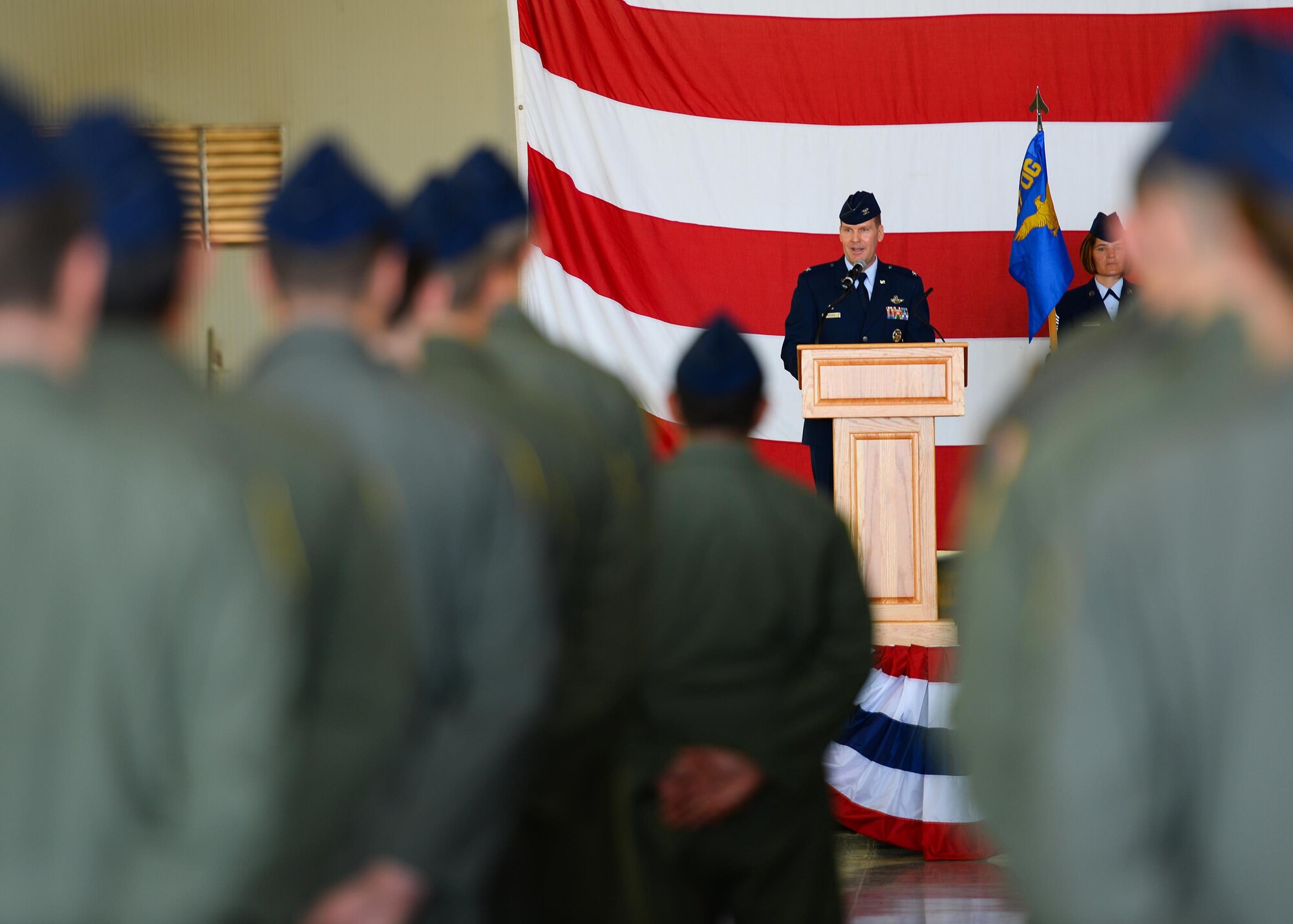 U.S. Air Force Col. Robert Pekarek, 47th Operations Group commander, speaks to his Airmen during the 47th OG Assumption of Command at Laughlin Air Force Base, Tx., June 22, 2017. As the 47th OG commander, Pekarek will lead the flying operations at Laughlin, with more than 46,000 training sorties annually. (U.S. Air Force photo/Airman 1st Class Benjamin N. Valmoja)