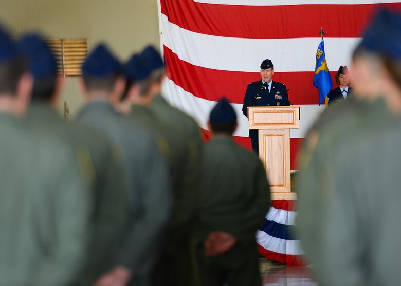 U.S. Air Force Col. Robert Pekarek, 47th Operations Group commander, speaks to his Airmen during the 47th OG Assumption of Command at Laughlin Air Force Base, Tx., June 22, 2017. As the 47th OG commander, Pekarek will lead the flying operations at Laughlin, with more than 46,000 training sorties annually. (U.S. Air Force photo/Airman 1st Class Benjamin N. Valmoja)