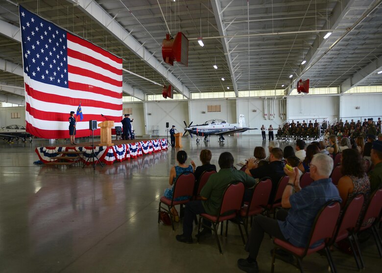 Laughlin community members gathered to welcome U.S. Air Force Col. Robert Pekarek, 47th Operations Group commander, during the 47th OG Assumption of Command at Laughlin Air Force Base, Tx., June 22, 2017. Pekarek previously served as the joint doctrine development officer at the Joint Doctrine Analysis Division, and was a former Laughlin undergraduate pilot trainee. (U.S. Air Force photo/Airman 1st Class Benjamin N. Valmoja)