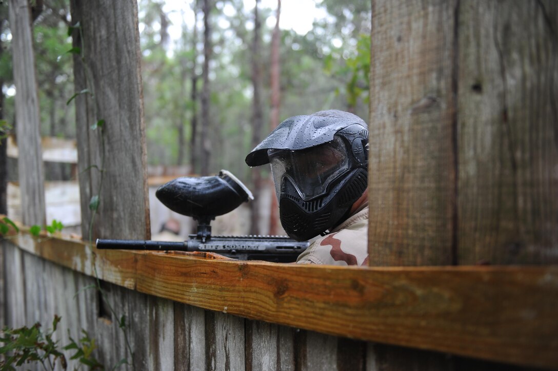 A Junior ROTC cadet prepares to play paintball at Hurlburt Field, Fla., June 29, 2017. The JROTC Summer Leadership School program brought more than 50 cadets to Hurlburt Field to engage in a variety of team-building and leadership skill-developing exercises under the guidance of Air Commandos, June 26-30. (U.S. Air Force photo by Airman 1st Class Isaac O. Guest IV)