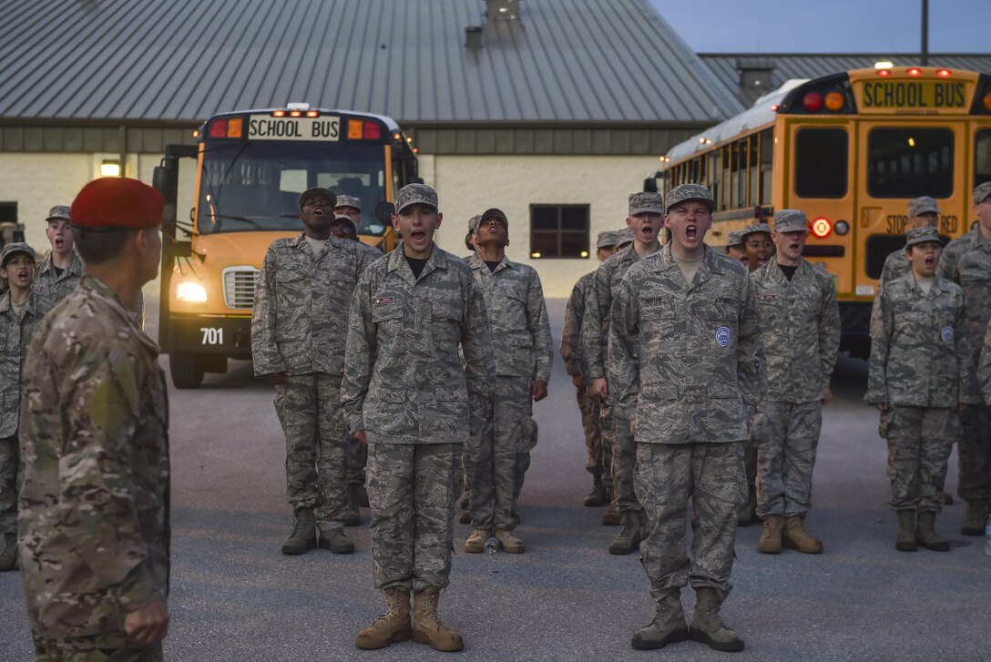 Junior ROTC cadets sound off in formation during Summer Leadership School at Hurlburt Field, Fla., June 27, 2017. Special Tactics Airmen partnered with more than 50 cadets from five local high schools for a week-long Summer Leadership Course to learn about leadership, teamwork, and self-confidence. (U.S. Air Force photo by Senior Airman Ryan Conroy)