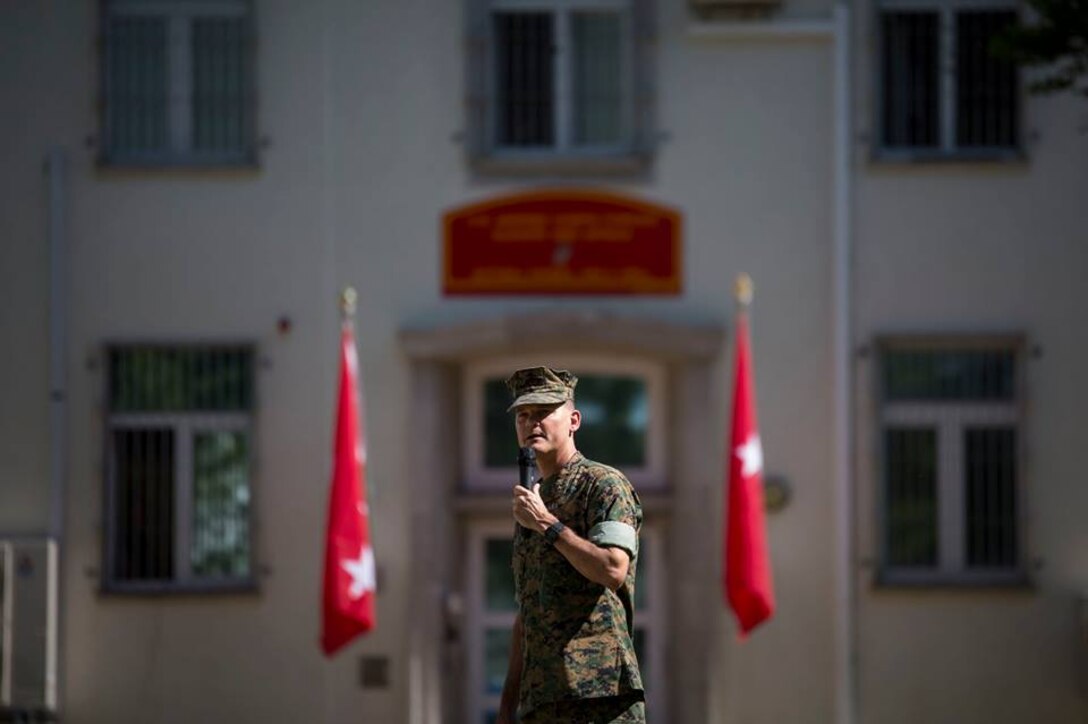 MajGen. Russell Sanborn, commander of Marine Forces Europe  and Africa, talks to the crowd attending the change of command ceremony on Panzer Kaserne, Stuttgart, Germany, July 5, 2017. 
