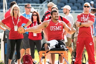 Marine Corps veteran Matthew Grashen competes in the discus event during the 2017 Department of Defense Warrior Games in Chicago, July 3, 2017. The DoD Warrior Games are an annual event allowing wounded, ill and injured service members and veterans to compete in Paralympic-style sports. DoD photo by Roger L. Wollenberg
