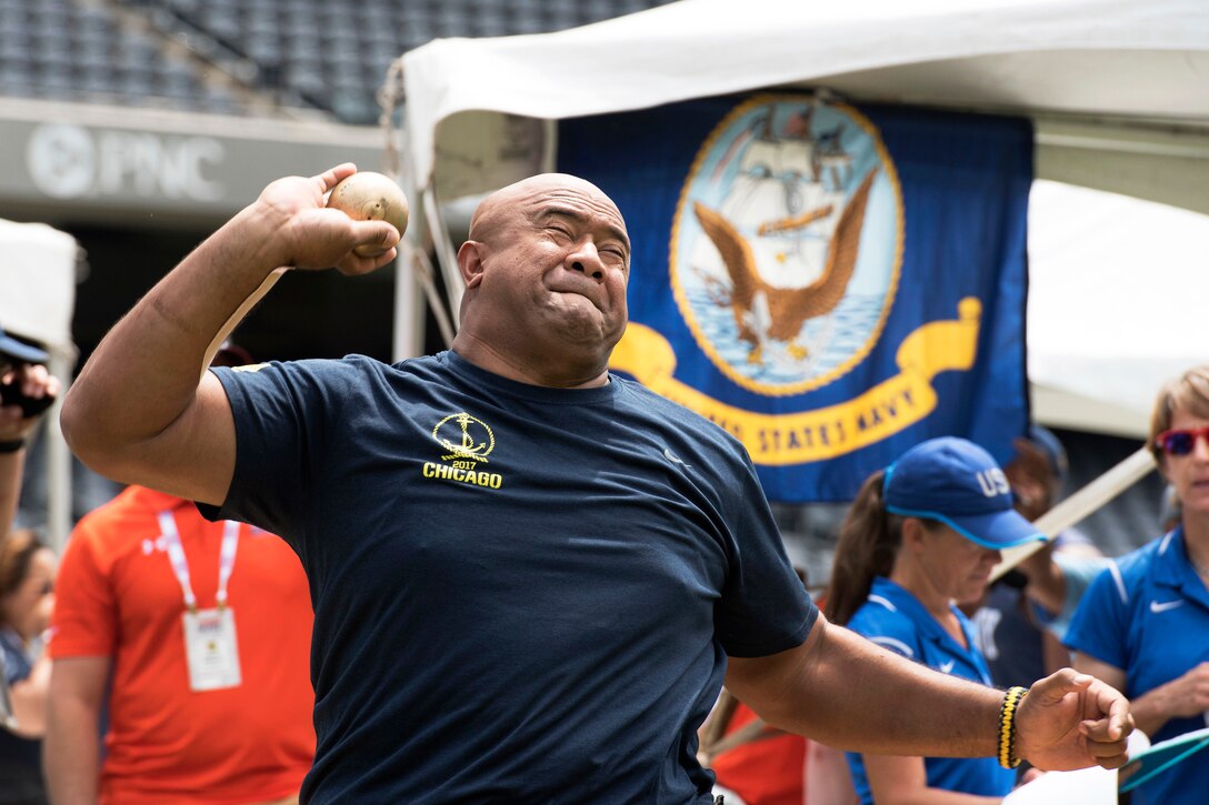 Navy Petty Officer First Class Pou Pou competes in shot put event during the 2017 Department of Defense Warrior Games in Chicago, July 3, 2017. DoD photo by Roger L. Wollenberg 