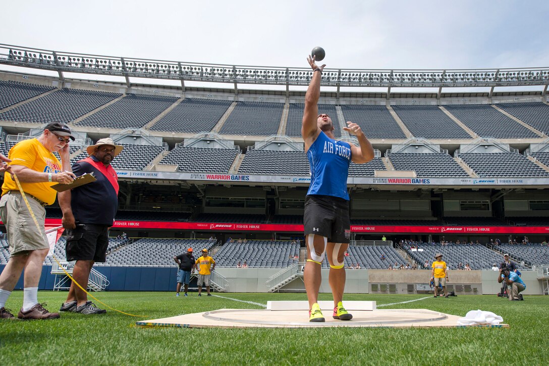 Air National Guard Staff Sgt. Matt Cable prepares to compete in shot put event during the 2017 Department of Defense Warrior Games in Chicago, July 3, 2017. DoD photo by Roger L. Wollenberg