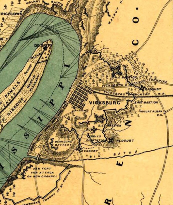 The Confederate defenses of Vicksburg are detailed on this detail of a postwar map (including the six forts Union engineers and sappers were working to defeat),