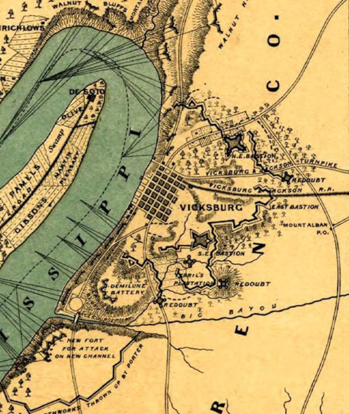 The Confederate defenses of Vicksburg are detailed on this detail of a postwar map (including the six forts Union engineers and sappers were working to defeat),