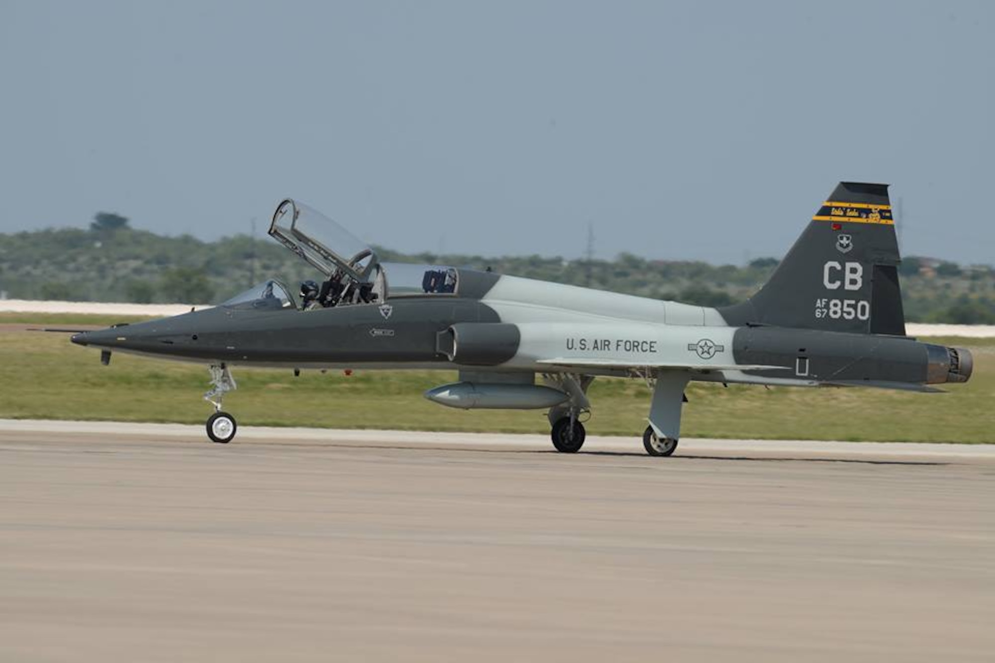 1st Lt. Harrison Jerrolds, 50th Flying Training Squadron, taxis on the Laughlin Air Force Base, Texas, flightline June 23, 2017. Several 14th Flying Training Wing T-1A Texan II and T-38 Talon First Assignment Instructor Pilots joined instructors from throughout Air Education and Training Command and beyond for FAIPaPalooza 2017. (Courtesy photo)