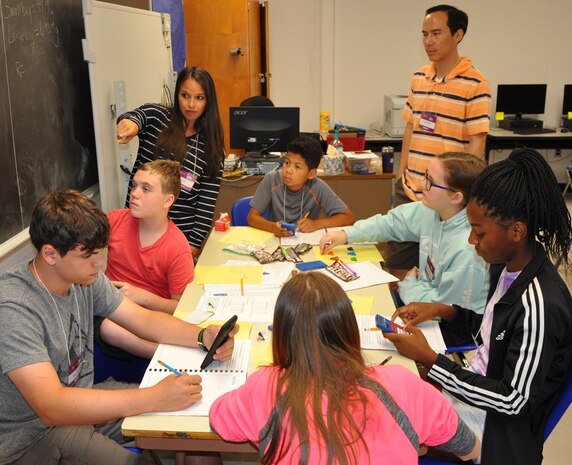 KING GEORGE, Va. (June 28, 2017) - Kerrie Pierce, a King George Middle School life science teacher, reviews the number of each M&M color her students predict will be found in a large bag after compiling statistics on the numbers in smaller bags. The middle school students used M&Ms to learn about statistics and measurement at the 2017 Naval Surface Warfare Center Dahlgren Division (NSWCDD)-sponsored Navy science, technology, engineering, and mathematics (STEM) Summer Academy, held June 26-30. Camp activities also included ten robotic challenges; building a water rocket and determining the optimal fuel loading to maximize height; exploring epidemiology; building and destructively testing a tower from balsa wood with the goal of maximizing the strength to weight ratio; and building a boat out of foil and straws with the aim of maximizing its cargo carrying capacity.