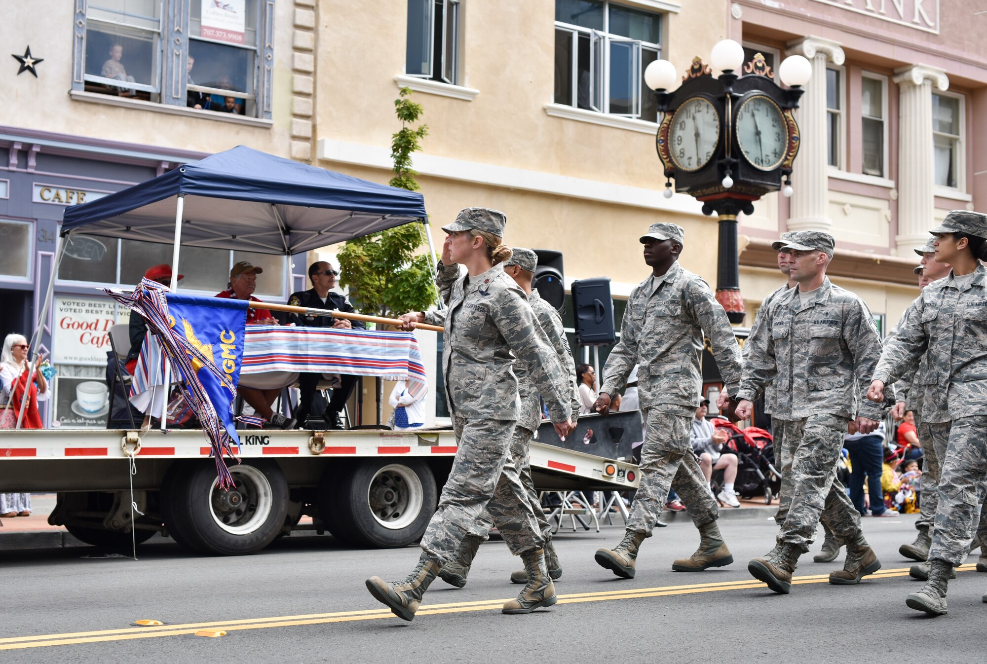 Airmen from the 60th Medical Group from Travis Air Force Base, Calif., march along Georgia St. in Vallejo, Calif., during the city’s annual Independence Day Parade, July 4, 2017. About 75 Airmen from Travis participated in the parade, with residents cheering them along a 1.5-mile path through the city. (U.S. Air Force photo by Ken Wright)