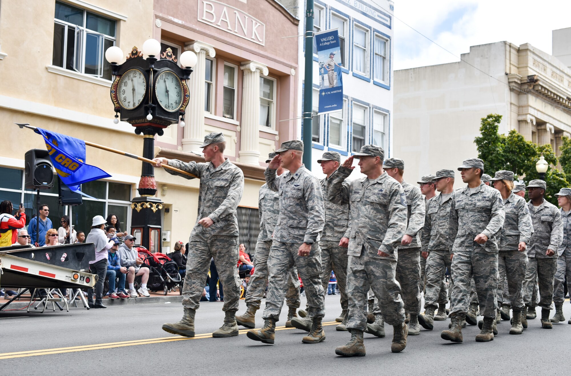 Airmen from the 821st Contingency Response Squadron from Travis Air Force Base, Calif., march along Georgia St. in Vallejo, Calif., during the city’s annual Independence Day Parade, July 4, 2017. About 75 Airmen from Travis participated in the parade, with residents cheering them along a 1.5-mile path through the city. (U.S. Air Force photo by Ken Wright)