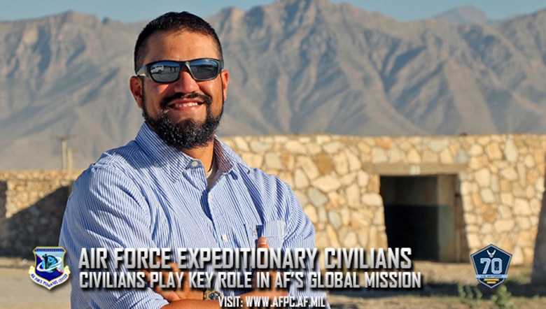 Jason Montano, an industrial workload specialist at Robins Air Force Base, Georgia, is currently serving a one-year tour at Bagram Airfield, Afghanistan. At any one time, there are about 150 Air Force civilians deployed at various locations around the world. (U.S. Air Force Photo by Jathzed Fabara)