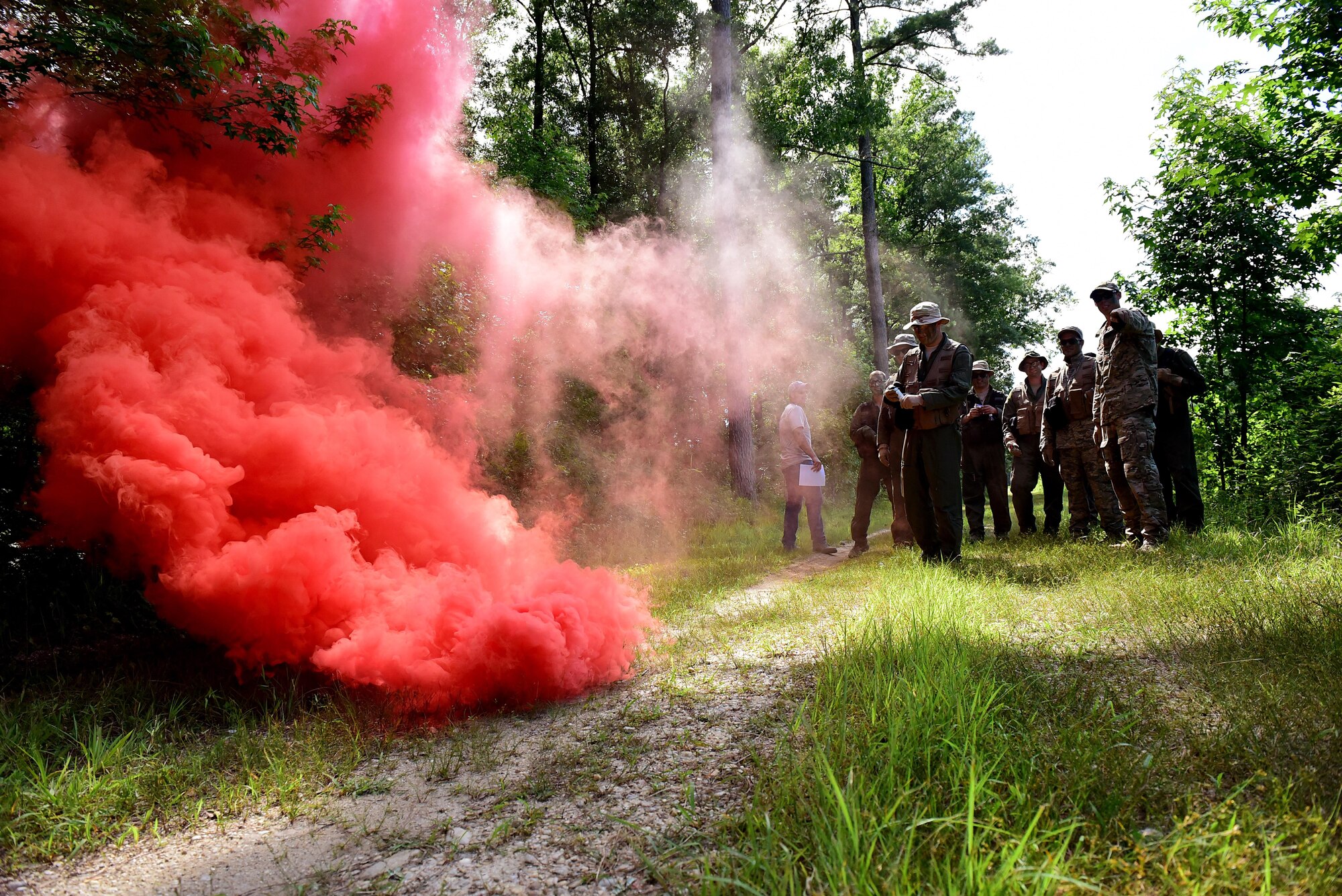 A survival, evasion, resistance and escape specialist, SERE augmentees, pilots, and weapon systems officers from Seymour Johnson Air Force Base, North Carolina, practice properly using smoke signals during a combat survival training course, June 27, 2017, at Howell Woods, Four Oaks, North Carolina. Pilots and WSO’s need to retake their CST and water survival training courses every three years. (U.S. Air Force photo by Airman 1st Class Kenneth Boyton)