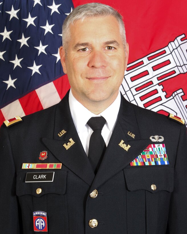 Colonel Robert J. Clark is the 55th Commander of Wilmington District, U.S. Army Corps of Engineers.  Prior to joining the Wilmington District, Colonel Clark attended the United States Army War College in Carlisle Barracks, Pennsylvania, where he earned a Master’s Degree in Strategic Studies. 
