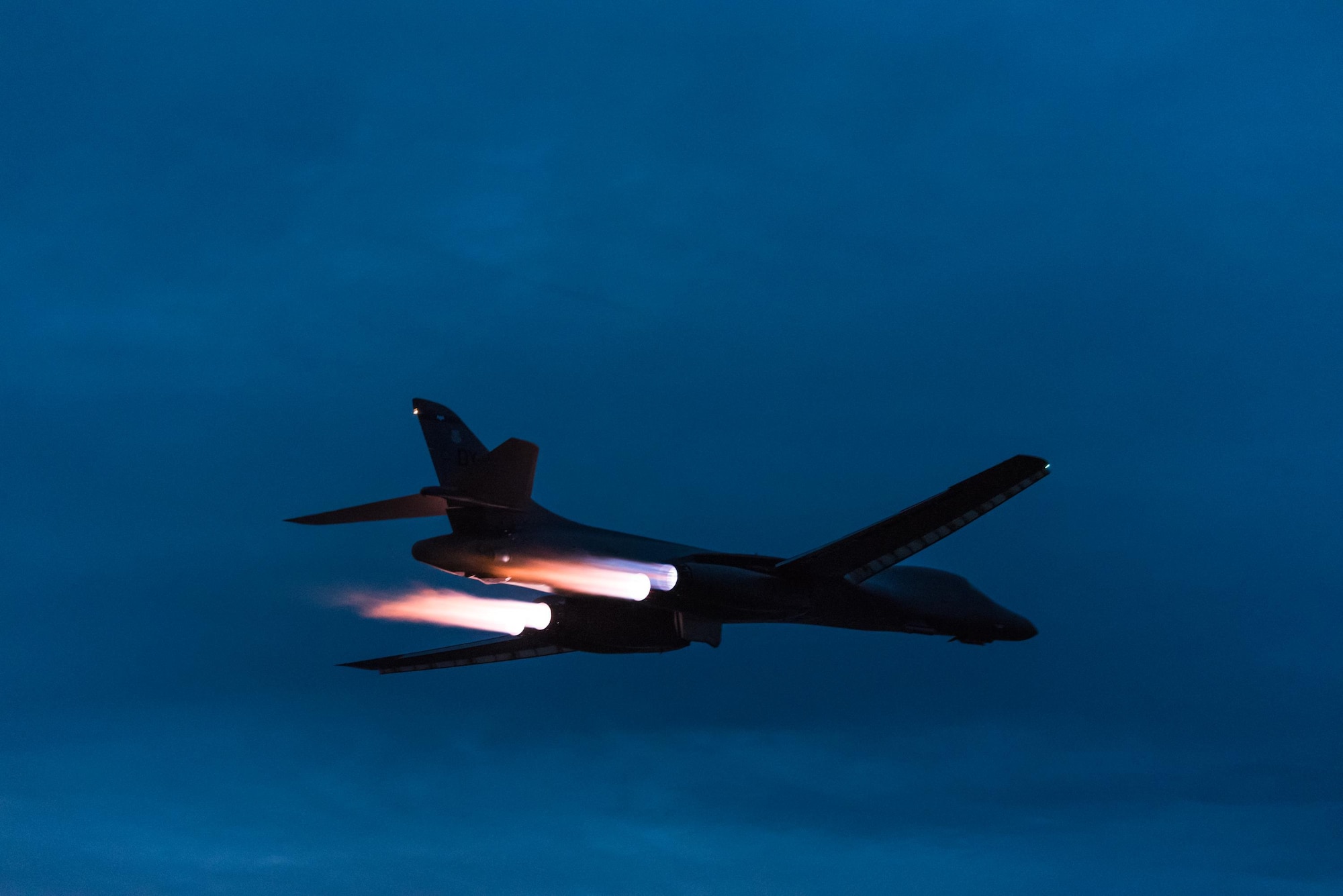 A U.S. Air Force B-1B Lancer assigned to the 9th Expeditionary Bomb Squadron, deployed from Dyess Air Force Base, Texas, takes off from Andersen Air Force Base, Guam to fly a bilateral mission with two Japan Air Self-Defense Force F-15’s over the East China Sea, July 6, 2017. This mission marks the first time U.S. Pacific Command B-1B Lancers have conducted combined training with JASDF fighters at night, demonstrating our increasing combined capabilities. (U.S. Air Force photo by Airman 1st Class Jacob Skovo)