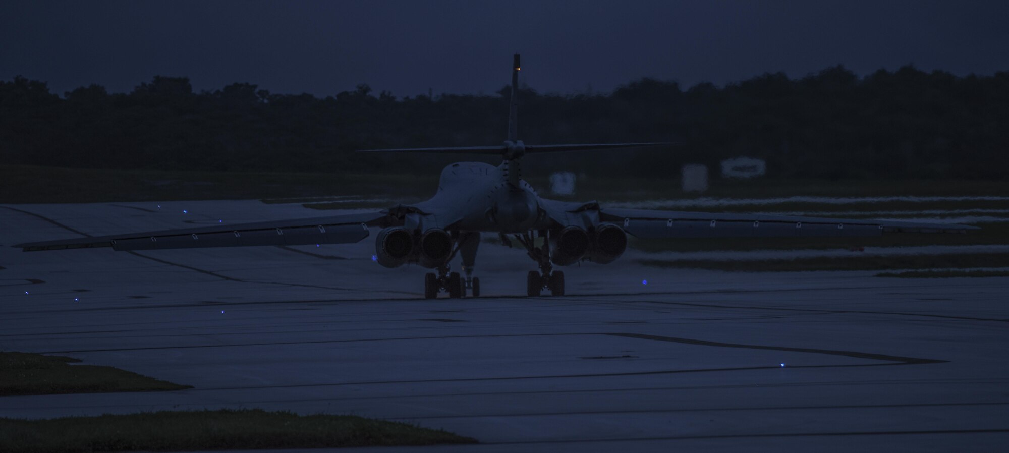 A U.S. Air Force B-1B Lancer assigned to the 9th Expeditionary Bomb Squadron, deployed from Dyess Air Force Base, Texas, prepares to take off from Andersen Air Force Base, Guam, to fly a bilateral mission with two Japan Air Self-Defense Force F-15’s over the East China Sea, July 6, 2017. On conclusion of the bilateral operations, the B-1Bs proceeded to the South China Sea before returning to Andersen Air Force Base. The U.S. conducts continuous bomber presence (CBP) operations as part of a routine, forward deployed, deterrence capability supporting regional security and our allies in the Indo-Asia-Pacific region. (U.S. Air Force photo/Tech. Sgt. Richard P. Ebensberger)